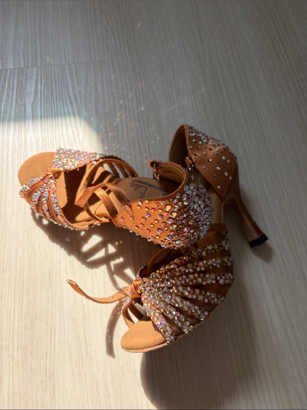 Rhinestone Embellished Tan Ballroom Heels - Women's Dance Shoes